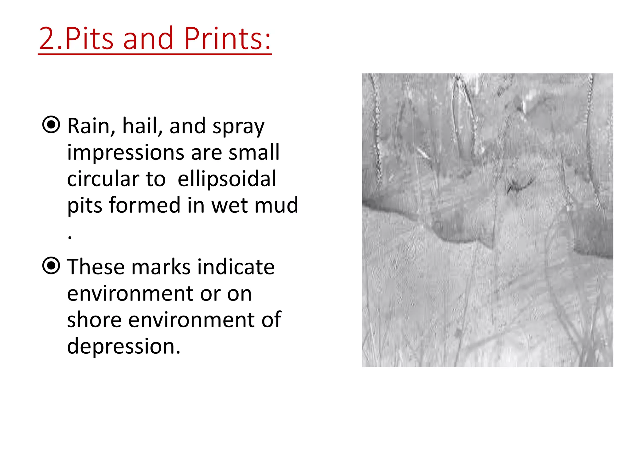 2.Pits and Prints:
 Rain, hail, and spray
impressions are small
circular to ellipsoidal
pits formed in wet mud
.
 These marks indicate
environment or on
shore environment of
depression.
 