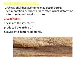 D.DEFORMED STRUCTURES :
Gravitational displacements may occur during
sedimentation or shortly there after, which deform or
alter the depositional structure.
1.Load casts:
These are the structures
produced by sinking of
heavier into lighter sediments.
 