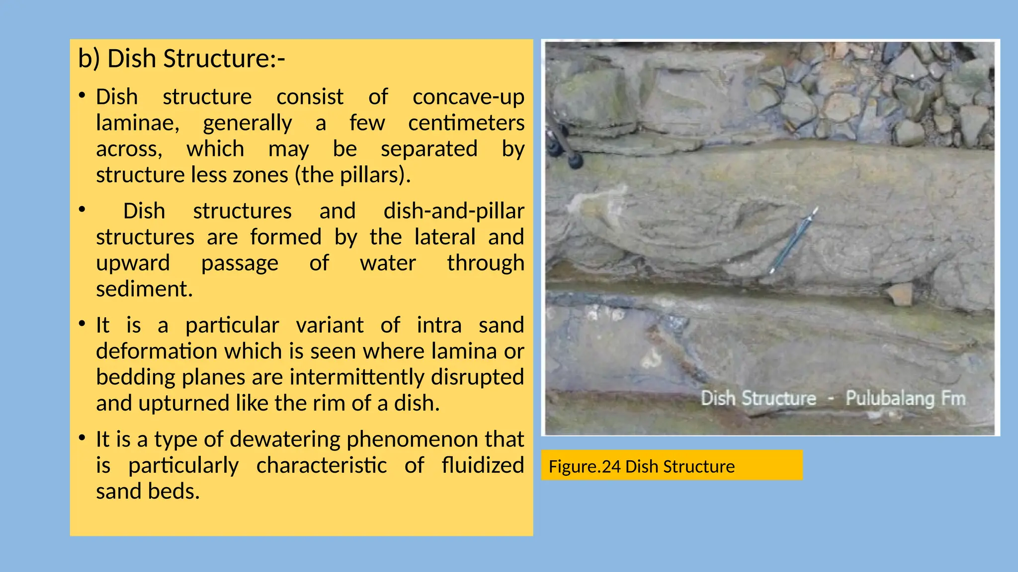 b) Dish Structure:-
• Dish structure consist of concave-up
laminae, generally a few centimeters
across, which may be separated by
structure less zones (the pillars).
• Dish structures and dish-and-pillar
structures are formed by the lateral and
upward passage of water through
sediment.
• It is a particular variant of intra sand
deformation which is seen where lamina or
bedding planes are intermittently disrupted
and upturned like the rim of a dish.
• It is a type of dewatering phenomenon that
is particularly characteristic of fluidized
sand beds.
Figure.24 Dish Structure
 