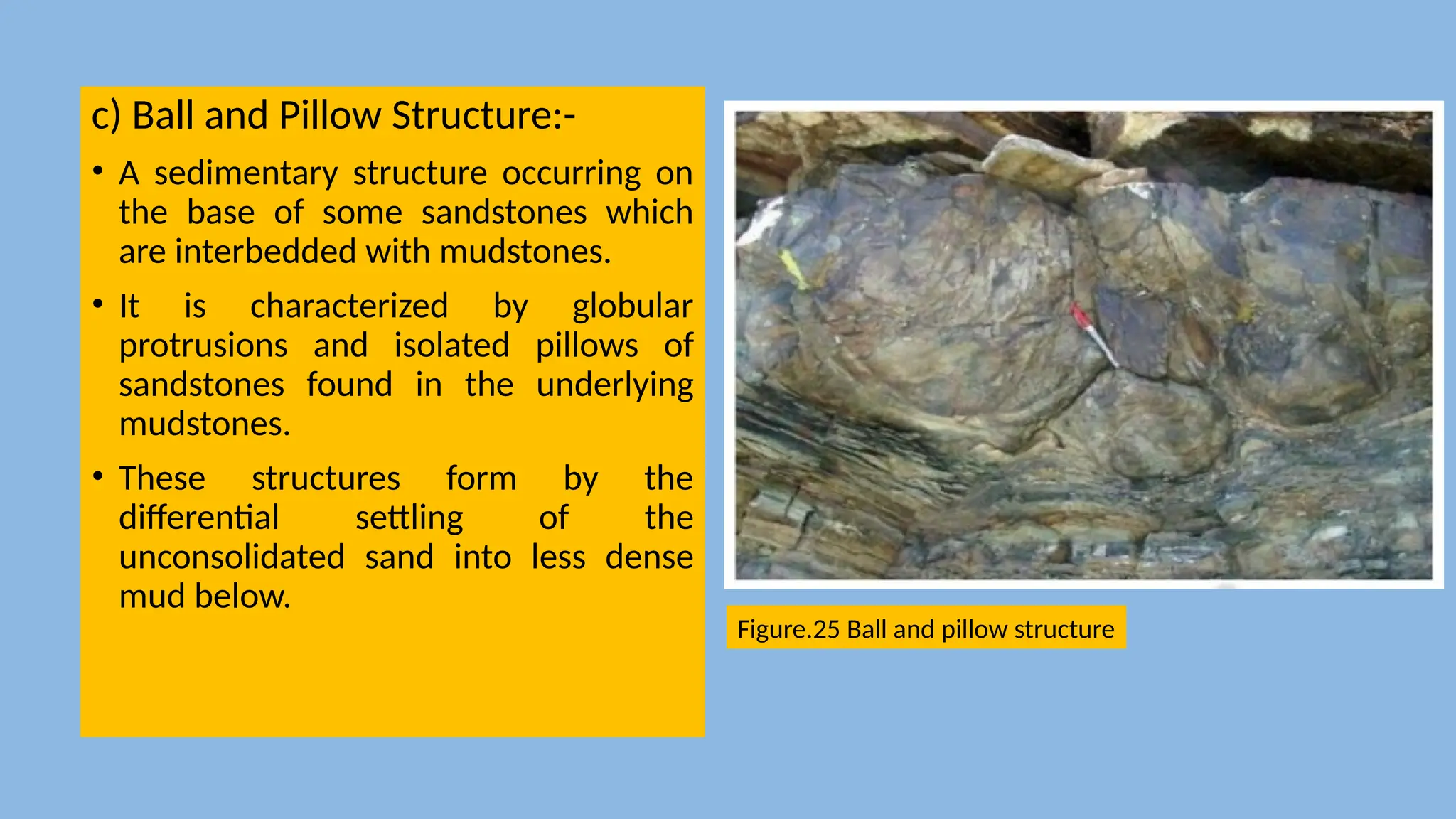 c) Ball and Pillow Structure:-
• A sedimentary structure occurring on
the base of some sandstones which
are interbedded with mudstones.
• It is characterized by globular
protrusions and isolated pillows of
sandstones found in the underlying
mudstones.
• These structures form by the
differential settling of the
unconsolidated sand into less dense
mud below.
Figure.25 Ball and pillow structure
 