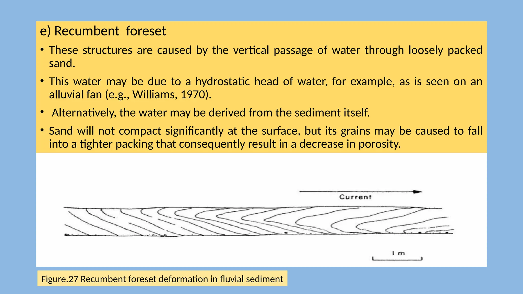 e) Recumbent foreset
• These structures are caused by the vertical passage of water through loosely packed
sand.
• This water may be due to a hydrostatic head of water, for example, as is seen on an
alluvial fan (e.g., Williams, 1970).
• Alternatively, the water may be derived from the sediment itself.
• Sand will not compact significantly at the surface, but its grains may be caused to fall
into a tighter packing that consequently result in a decrease in porosity.
Figure.27 Recumbent foreset deformation in fluvial sediment
 