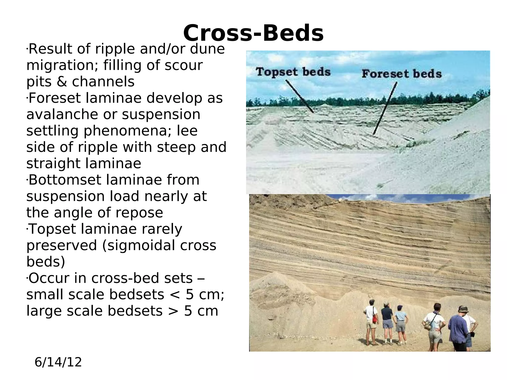 Cross-Beds

Result of ripple and/or dune
migration; filling of scour
pits & channels
•Foreset laminae develop as
avalanche or suspension
settling phenomena; lee
side of ripple with steep and
straight laminae
•Bottomset laminae from
suspension load nearly at
the angle of repose
•Topset laminae rarely
preserved (sigmoidal cross
beds)
•Occur in cross-bed sets –
small scale bedsets < 5 cm;
large scale bedsets > 5 cm
•

6/14/12

 