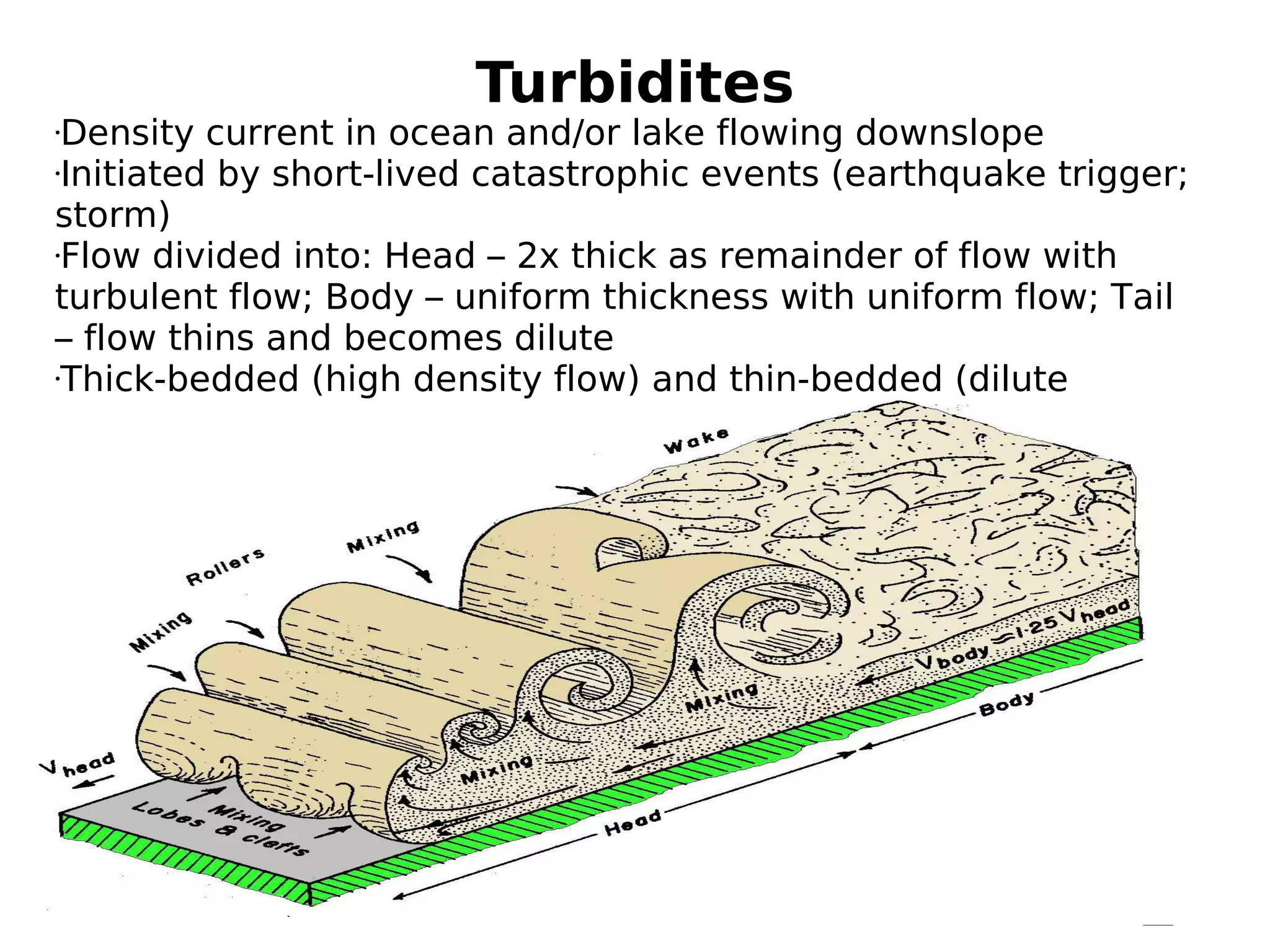 Turbidites

Density current in ocean and/or lake flowing downslope
•Initiated by short-lived catastrophic events (earthquake trigger;
storm)
•Flow divided into: Head – 2x thick as remainder of flow with
turbulent flow; Body – uniform thickness with uniform flow; Tail
– flow thins and becomes dilute
•Thick-bedded (high density flow) and thin-bedded (dilute
•density flow) turbidites
•

6/14/12

 