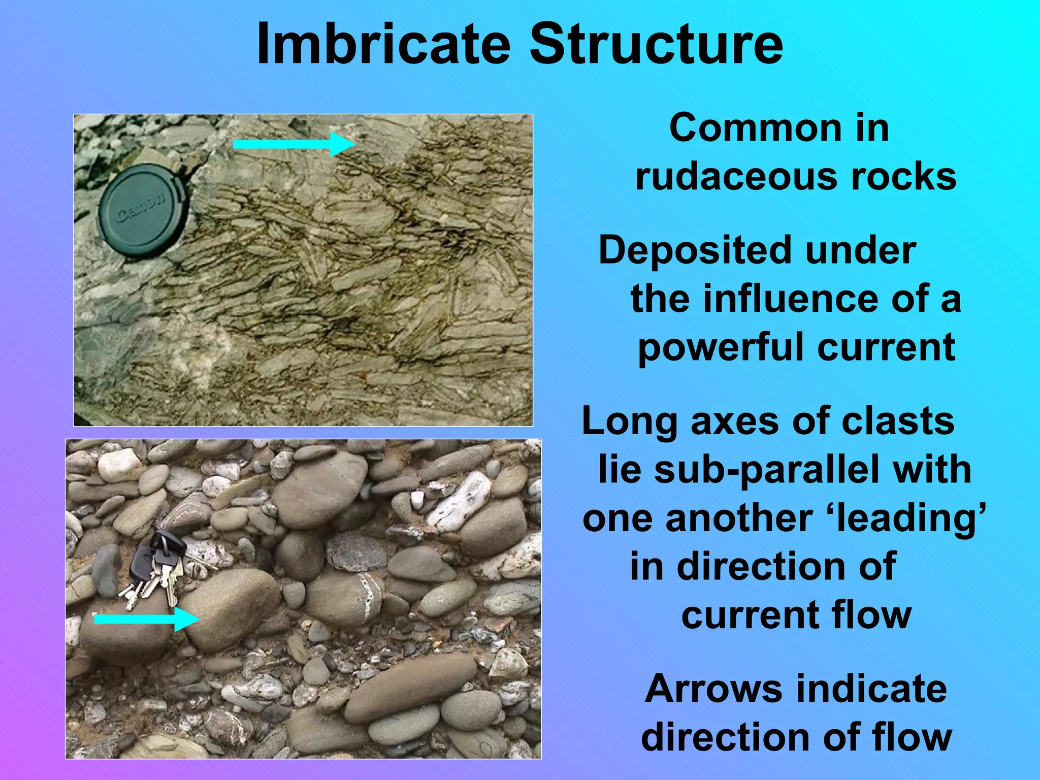 Imbricate Structure
               Common in
             rudaceous rocks
            Deposited under
             the influence of a
              powerful current
           Long axes of clasts
            lie sub-parallel with
           one another ‘leading’
              in direction of
                 current flow
              Arrows indicate
              direction of flow
 