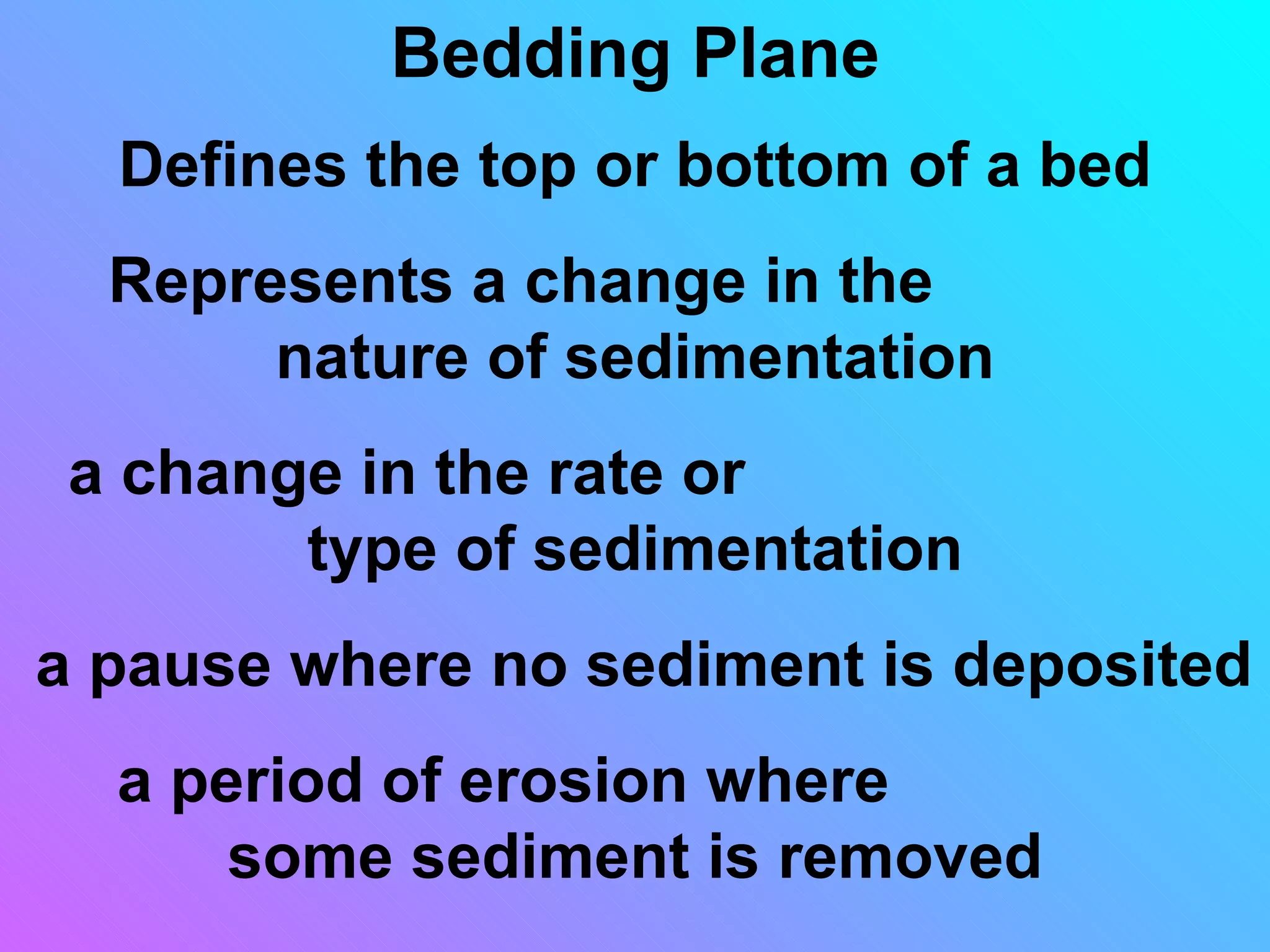 Bedding Plane
  Defines the top or bottom of a bed
  Represents a change in the
       nature of sedimentation
 a change in the rate or
        type of sedimentation
a pause where no sediment is deposited
  a period of erosion where
      some sediment is removed
 
