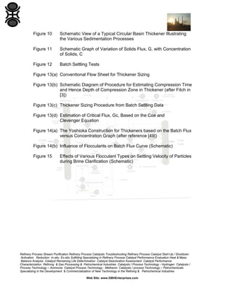 Figure 10

Schematic View of a Typical Circular Basin Thickener Illustrating
the Various Sedimentation Processes

Figure 11

Schematic Graph of Variation of Solids Flux, G, with Concentration
of Solids, C

Figure 12

Batch Settling Tests

Figure 13(a) Conventional Flow Sheet for Thickener Sizing
Figure 13(b) Schematic Diagram of Procedure for Estimating Compression Time
and Hence Depth of Compression Zone in Thickener (after Fitch in
[3])
Figure 13(c) Thickener Sizing Procedure from Batch Settling Data
Figure 13(d) Estimation of Critical Flux, Gc, Based on the Coe and
Clevenger Equation
Figure 14(a) The Yoshioka Construction for Thickeners based on the Batch Flux
versus Concentration Graph (after reference [49])
Figure 14(b) Influence of Flocculants on Batch Flux Curve (Schematic)
Figure 15

Effects of Various Flocculant Types on Settling Velocity of Particles
during Brine Clarification (Schematic)

Refinery Process Stream Purification Refinery Process Catalysts Troubleshooting Refinery Process Catalyst Start-Up / Shutdown
Activation Reduction In-situ Ex-situ Sulfiding Specializing in Refinery Process Catalyst Performance Evaluation Heat & Mass
Balance Analysis Catalyst Remaining Life Determination Catalyst Deactivation Assessment Catalyst Performance
Characterization Refining & Gas Processing & Petrochemical Industries Catalysts / Process Technology - Hydrogen Catalysts /
Process Technology – Ammonia Catalyst Process Technology - Methanol Catalysts / process Technology – Petrochemicals
Specializing in the Development & Commercialization of New Technology in the Refining & Petrochemical Industries
Web Site: www.GBHEnterprises.com

 