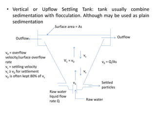 • Vertical or Upflow Settling Tank: tank usually combine
sedimentation with flocculation. Although may be used as plain
sedimentation
Surface area = As
Outflow
Outflow
Settled
particles
Raw water
Raw water
liquid flow
rate Q
v1
V1 = v0
vs
vs
v0 = Q/As
v0 = overflow
velocity/surface overflow
rate
vs = settling velocity
vs ≥ v0 for settlement
v0 is often kept 80% of vs
 