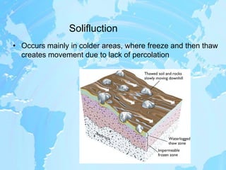 SolifluctionOccurs mainly in colder areas, where freeze and then thaw creates movement due to lack of percolation