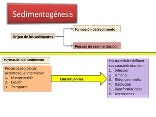 Origen de los sedimentos
Formación del sedimento
Proceso de sedimentación
Formación del sedimento
Procesos geológicos
externos que intervienen:
1. Meteorización
2. Erosión
3. Transporte
Los materiales definen
sus características de:
1. Selección
2. Tamaño
3. Redondeamiento
4. Disolución
5. Transformaciones
6. Alteraciones
Consecuencias
 