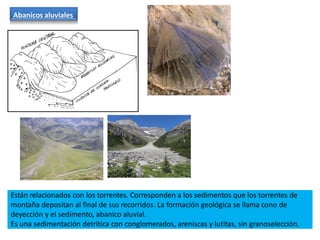 Abanicos aluviales
Están relacionados con los torrentes. Corresponden a los sedimentos que los torrentes de
montaña depositan al final de sus recorridos. La formación geológica se llama cono de
deyección y el sedimento, abanico aluvial.
Es una sedimentación detrítica con conglomerados, areniscas y lutitas, sin granoselección.
 