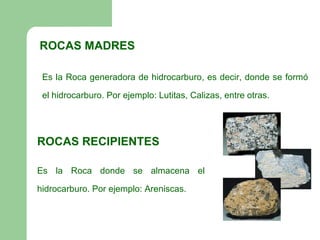 ROCAS MADRES

 Es la Roca generadora de hidrocarburo, es decir, donde se formó

 el hidrocarburo. Por ejemplo: Lutitas, Calizas, entre otras.




ROCAS RECIPIENTES

Es la Roca donde se almacena el

hidrocarburo. Por ejemplo: Areniscas.
 