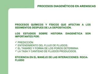 PROCESOS DIAGENÉTICOS EN ARENISCAS




PROCESOS QUÍMICOS Y FÍSICOS QUE AFECTAN A LOS
SEDIMENTOS DESPUES DE LA DEPOSITACIÓN.

LOS ESTUDIOS SOBRE      HISTORIA   DIAGENÉTICA   SON
IMPORTANTES POR:

 PREDICCIÓN
 ENTENDIMIENTO DEL FLUJO DE FLUIDOS.
 EL TAMAÑO Y FORMA DE LOS POROS DETERMINA:
 LA TASA Y CANTIDAD DE FLUIDOS PRODUCIDOS.

EFICIENCIA EN EL MANEJO DE LAS INTERACCIONES: ROCA-
FLUIDO
 