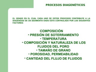 PROCESOS DIAGENÉTICOS



EL GRADO EN EL CUAL CADA UNO DE ESTOS PROCESOS CONTRIBUYE A LA
DIAGÉNESIS DE UN SEDIMENTO DADO ESTA CONTROLADO POR LOS SIGUIENTES
FACTORES:



                    COMPOSICIÓN
            • PRESIÓN DE SOTERRAMIENTO
                    • TEMPERATURA
       • COMPOSICIÓN Y NATURALEZA DE LOS
                  FLUIDOS DEL PORO
                 • TAMAÑO DE GRANO
            • POROSIDAD, PERMEABILIDAD
         • CANTIDAD DEL FLUJO DE FLUIDOS
 