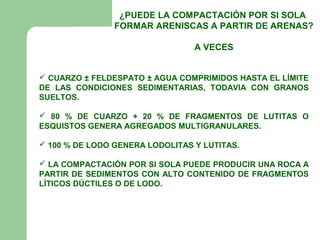 ¿PUEDE LA COMPACTACIÓN POR SI SOLA
                FORMAR ARENISCAS A PARTIR DE ARENAS?

                                 A VECES


 CUARZO ± FELDESPATO ± AGUA COMPRIMIDOS HASTA EL LÍMITE
DE LAS CONDICIONES SEDIMENTARIAS, TODAVIA CON GRANOS
SUELTOS.

 80 % DE CUARZO + 20 % DE FRAGMENTOS DE LUTITAS O
ESQUISTOS GENERA AGREGADOS MULTIGRANULARES.

 100 % DE LODO GENERA LODOLITAS Y LUTITAS.

 LA COMPACTACIÓN POR SI SOLA PUEDE PRODUCIR UNA ROCA A
PARTIR DE SEDIMENTOS CON ALTO CONTENIDO DE FRAGMENTOS
LÍTICOS DÚCTILES O DE LODO.
 