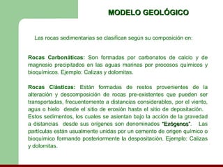 MODELO GEOLÓGICO


  Las rocas sedimentarias se clasifican según su composición en:


Rocas Carbonáticas: Son formadas por carbonatos de calcio y de
magnesio precipitados en las aguas marinas por procesos químicos y
bioquímicos. Ejemplo: Calizas y dolomitas.

Rocas Clásticas: Están formadas de restos provenientes de la
alteración y descomposición de rocas pre-existentes que pueden ser
transportadas, frecuentemente a distancias considerables, por el viento,
agua o hielo desde el sitio de erosión hasta el sitio de depositación.
Estos sedimentos, los cuales se asientan bajo la acción de la gravedad
a distancias desde sus orígenes son denominados “Exógenos”. Las
                                                      “Exógenos”
partículas están usualmente unidas por un cemento de origen químico o
bioquímico formando posteriormente la despositación. Ejemplo: Calizas
y dolomitas.
 
