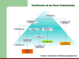 Clasificación de las Rocas Sedimentarias



                                                                 ROCA FUENTE




                        Descomposición
                                                                               Descomposición
                           Química
                                                                                  Mecánica




Restos Orgánicos                                             Minerales Pre-
                               Soluciones                      existente




                                         Precipitaciones

               Restos Biológicos
               y Precipitaciones
                                                                 Lutita
                                                                                  Areniscas
                                                                               Conglomeráticas
Carbón Orgánico
                                             Evaporitas
                                         (algunas Calizas)

                     Calizas
               Lutitas Diatomeas
                   Fosforitas
                   Dolomitas


                                                   Fuente: Introduction to Wireline log analysis W.A.
 
