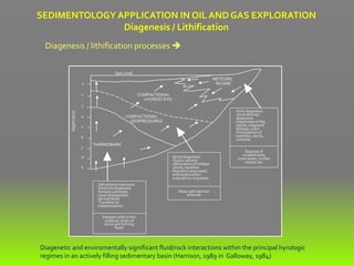 Diagenesis / lithification processes  basin fluid-flow & burial history 
petroleum system analyses  exploration and production strategy
Diagenetic and enviromentally significant fluid/rock interactions within the principal hyrologic
regimes in an actively filling sedimentary basin (Harrison, 1989 in Galloway, 1984)
Sea Level
COMPACTIONAL
HYDROSTATIC
COMPACTIONAL
GEOPRESSURED
THERMOBARIC
METEORIC
REGIME
- Dehydration reactions
- Smectite diagenesis
- Ferroan carboates
- Input of basement-
derived fluids
- Transition to
metamorphism
- Burial diagenesis
- Quartz cement
- Albitization of feldspar
calcite, kaolinite
- Reactions associated
with hydrocarbon
maturation, migration
- Early diagenesis
- Unconformity
diagenesis
- Dissolution of Mg-
calcite, aragonite
feldspar, chert
- Precipitation of
kaolinite, calcite,
smectite
Disposal of
contaminants,
mine waste, nuclear
waster, etc
Deep well injection
of brines
Deepest wells (7 km)
produce; origin of
some ore-forming
fluids
9
8
7
6
5
4
3
2
1
Depth(km)
SEDIMENTOLOGYAPPLICATION IN OIL AND GAS EXPLORATION
Diagenesis / Lithification
 