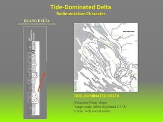 0 5
TIDE-DOMINATED DELTA
Estuarine/linear shape
Large-scale, often disjointed C.U.S.
Clean, well sorted sands
< 3
miles
T. KARANG
JERAM
K. MORIB
P. SWET-
TENHAM
3 - 5
5 - 10
10 - 20
20 - 60
KLANG DELTA
COMPOSITE STRATIGRAPHIC COLUMN
Tide-Dominated Delta
Sedimentation Character
9
8
7
6
5
4
3
2
1
3–18
3-62-53-85-246-1210-1810-24>12
UNIT
THICKNESS(m)
LITHOLOGY
 