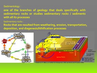 Sedimentology :
Sedimentary rocks :
Rocks that are resulted from weathering, erosion, transportation,
deposition, and diagenesis/lithification processes
Weathering/erosion
Transportation
Deposition
Sedimentary Rocks
Lithification/diagenesis
one of the branches of geology that deals specifically with
sedimentary rocks or studies sedimentary rocks / sediments
with all its processes
 