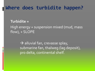 Where does turbidite happen?
Turbidite =
High energy + suspension mixed (mud, mass
flow), + SLOPE
 alluvial fan, crevasse splay,
submarine fan, thalweg (lag deposit),
pro delta, continental shelf.
 