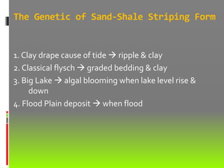 The Genetic of Sand-Shale Striping Form
1. Clay drape cause of tide  ripple & clay
2. Classical flysch  graded bedding & clay
3. Big Lake  algal blooming when lake level rise &
down
4. Flood Plain deposit  when flood
 