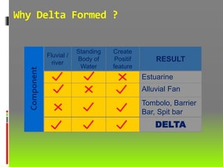 Fluvial /
river
Standing
Body of
Water
Create
Positif
feature
RESULT
Estuarine
Alluvial Fan
Tombolo, Barrier
Bar, Spit bar
DELTA
Component
Why Delta Formed ?
 