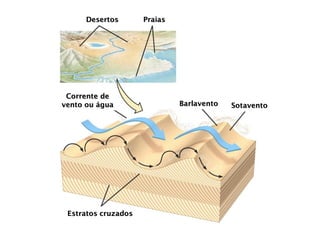 Estratos cruzados
Corrente de
vento ou água
Desertos Praias
Barlavento Sotavento
 