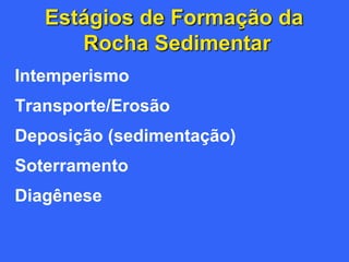 Estágios de Formação da
Rocha Sedimentar
Intemperismo
Transporte/Erosão
Deposição (sedimentação)
Soterramento
Diagênese
 
