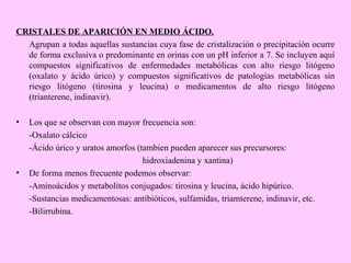 CRISTALES DE APARICIÓN EN MEDIO ÁCIDO.
Agrupan a todas aquellas sustancias cuya fase de cristalización o precipitación ocurre
de forma exclusiva o predominante en orinas con un pH inferior a 7. Se incluyen aquí
compuestos significativos de enfermedades metabólicas con alto riesgo litógeno
(oxalato y ácido úrico) y compuestos significativos de patologías metabólicas sin
riesgo litógeno (tirosina y leucina) o medicamentos de alto riesgo litógeno
(trianterene, indinavir).
•

•

Los que se observan con mayor frecuencia son:
-Oxalato cálcico
-Ácido úrico y uratos amorfos (tambien pueden aparecer sus precursores:
hidroxiadenina y xantina)
De forma menos frecuente podemos observar:
-Aminoácidos y metabolitos conjugados: tirosina y leucina, ácido hipúrico.
-Sustancias medicamentosas: antibióticos, sulfamidas, triamterene, indinavir, etc.
-Bilirrubina.

 