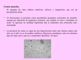 Uratos amorfos.
Se agrupan las sales sódicas, potásicas, cálcicas y magnésicas, que son de
precipitación ácida.
•

Al microscopio se pesentan como precipitados granulares coloreados de amarillonaranja por adsorción de pigmentos urinarios, son solubles al calor e insolubles en
ácido. Si aperecen en cantidad importante dan al sedimento una coloración rojoanaranjada.

•

La presencia de uratos es signo de una hiperuricemia tanto más intensa cuanto más
alto sea el pH; no se ha podido establecer diferencias patológicas entre los distintos
tipos de sales, por lo que no es importante identificar los tipos.

 