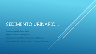 SEDIMENTO URINARIO…
Abraham Adolfo Luna Ayala
Médico Interno de Pregrado
Hospital Central Militar, Medicina de Mujeres
Universidad del Valle de México, Campus Querétaro
 