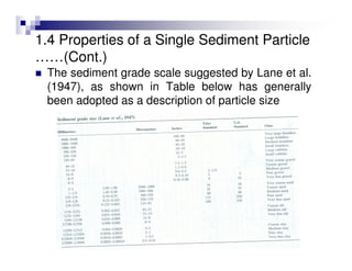 1.4 Properties of a Single Sediment Particle
……(Cont.)
The sediment grade scale suggested by Lane et al.
(1947), as shown in Table below has generally
been adopted as a description of particle size
 