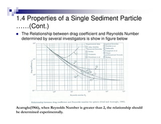 The Relationship between drag coefficient and Reynolds Number
determined by several investigators is show in figure below
Acaroglu(1966), when Reynolds Number is greater than 2, the relationship should
be determined experimentally.
1.4 Properties of a Single Sediment Particle
……(Cont.)
 