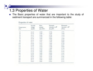 1.3 Properties of Water
The Basic properties of water that are important to the study of
sediment transport are summarized in the following table:
 
