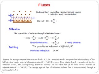 Suppose the average concentration at some level z is C. In a simplistic model an upward turbulent velocity u′ for
half the time carries material of concentration (C – l dC/dz), where l is a mixing length – an order of size for
turbulent eddies. The corresponding downward velocity for the other half of the time carries material at
concentration (C + l dC/dz). The average upward flux of sediment (volume flux × concentration) through a
horizontal area A is
The quantity u′l written as a diffusivity K.
 