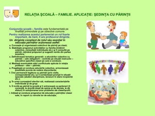 RELAŢIA ŞCOALĂ – FAMILIE. APLICAŢIE: ŞEDINŢA CU PĂRINŢII
Conjuncţia şcoală – familie este fundamentată pe
finalităţi primordiale şi pe obiective comune.
Pentru realizarea acestui parteneriat un rol foarte
important, de liant, îl are profesorul diriginte.
Un diriginte conştient de rolul său esenţial în
educaţia părinţilor acţionează astfel:
a. Cunoaşte şi organizează colectivul de părinţi pe clasă;
b. Stabileşte programul activităţilor cu familia (întâlniri
colective, consultaţii individuale etc.) şi îi consultă pe
părinţi, reţinând propuneri şi sugestii venite din partea
acestora;
c. Definitivează tematica generală a adunărilor colective cu
părinţii – cele obligatorii – centrate pe situaţii instructiv –
educative specifice clasei pe care o conduce;
d. Mediază eventualele stări conflictuale apărute în relaţia
profesor – elev – părinte;
e. Pregăteşte şi conduce adunările colective, armonizează
posibilele puncte de vedere discordante;
f. Ţine permanent legătura cu părinţii (prin vizite,
corespondenţă etc.) şi îi contactează prompt în situaţii
speciale (abateri disciplinare, tensiuni în stare incipientă
etc.);
g. În urma cunoaşterii elevilor săi, realizează caracterizările
individuale şi de grup:
h. Îi invită pe părinţi la şcoală şi îi antrenează ca parteneri (îi
consultă, le acordă drept de opinie şi de decizie, le dă
sfaturi) în soluţionarea unor probleme ale clasei/şcolii;
i. Iniţiază şi conduce programul de educaţie a părinţilor clasei
sale, în raport cu nevoile lor de educaţie;
 