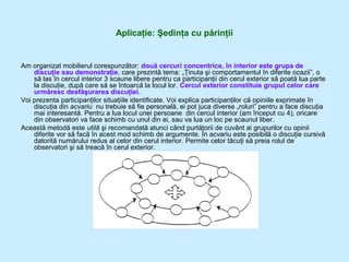 Aplicaţie: Şedinţa cu părinţii
Am organizat mobilierul corespunzător: două cercuri concentrice, în interior este grupa de
discuţie sau demonstraţie, care prezintă tema: „Ţinuta şi comportamentul în diferite ocazii”, o
să las în cercul interior 3 scaune libere pentru ca participanţii din cerul exterior să poată lua parte
la discuţie, după care să se întoarcă la locul lor. Cercul exterior constituie grupul celor care
urmăresc desfăşurarea discuţiei.
Voi prezenta participanţilor situaţiile identificate. Voi explica participanţilor că opiniile exprimate în
discuţia din acvariu nu trebuie să fie personală, ei pot juca diverse „roluri” pentru a face discuţia
mai interesantă. Pentru a lua locul unei persoane din cercul interior (am început cu 4), oricare
din observatori va face schimb cu unul din ei, sau va lua un loc pe scaunul liber.
Această metodă este utilă şi recomandată atunci când purtătorii de cuvânt ai grupurilor cu opinii
diferite vor să facă în acest mod schimb de argumente. În acvariu este posibilă o discuţie cursivă
datorită numărului redus al celor din cerul interior. Permite celor tăcuţi să preia rolul de
observatori şi să treacă în cerul exterior.
 