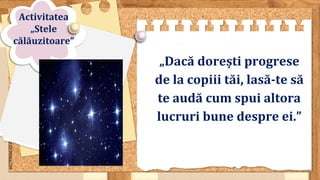 SLIDESMANIA.COM
„Dacă dorești progrese
de la copiii tăi, lasă-te să
te audă cum spui altora
lucruri bune despre ei.”
Activitatea
„Stele
călăuzitoare”
 