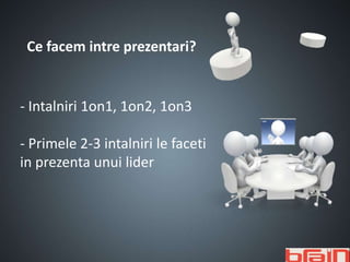 Ce facem intre prezentari?


- Intalniri 1on1, 1on2, 1on3

- Primele 2-3 intalniri le faceti
in prezenta unui lider
 