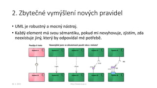 2. Zbytečné vymýšlení nových pravidel
• UML je robustný a mocný nástroj.
• Každý element má svou sémantiku, pokud mi nevyhovuje, zjistím, zda
neexistuje jiný, který by odpovídal mé potřebě.
System A
System B
Použiju-li toto:
System A
System B
System A
System B
FTP
System A
FTP
System B
FTP
WS
System A
WS
System B
Nezamýšlel jsem ve sktutečnosti použít něco z tohoto?
FTP
WS
«flow»«use»
30. 1. 2015 http://www.ocup.cz
 