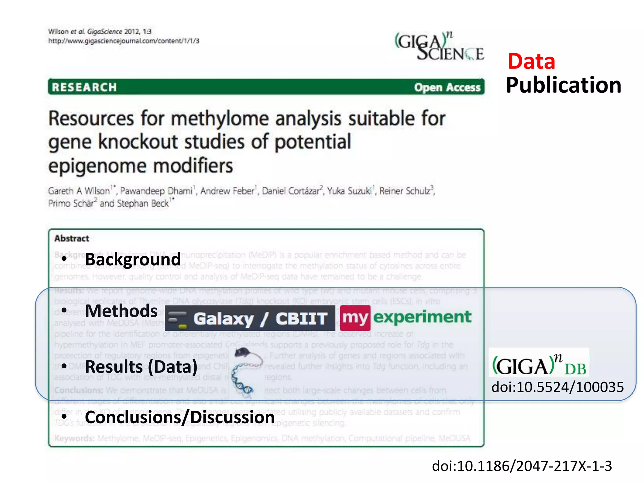 Data
                                     Publication




• Background

• Methods

• Results (Data)
                                   doi:10.5524/100035
• Conclusions/Discussion

                           doi:10.1186/2047-217X-1-3
 