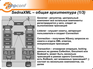 SednaXML –  общая архитектура (1 / 3 ) Governer - регулятор, центральный компонент все остальные компоненты регистрируются у него, следит за выполнением транзакций Listener - слушает сокеты, авторизует пользователя и создает Connection Connection – получение XQuery запросов из сокета и отдача XML ответов, инициализация транзакций Transaction – атомарная операция, locking данных на уровне Collection,  Document  или Nodeset’a, может быть несколько транзакций в рамках одного Connection, есть Rollback, нет вложенных транзакций? ;) состоит из нескольких компонентов, см. далее 