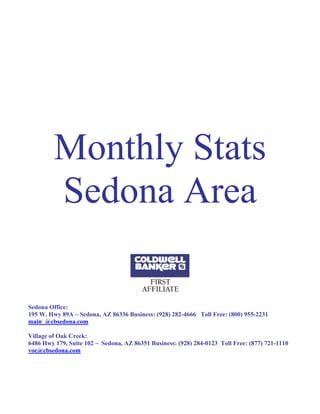 Monthly Stats
         Sedona Area

Sedona Office:
195 W. Hwy 89A ~ Sedona, AZ 86336 Business: (928) 282-4666 Toll Free: (800) 955-2231
main_@cbsedona.com

Village of Oak Creek:
6486 Hwy 179, Suite 102 ~ Sedona, AZ 86351 Business: (928) 284-0123 Toll Free: (877) 721-1110
voc@cbsedona.com
 