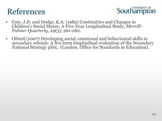 65
References
• Coie, J.D. and Dodge, K.A. (1982) Continuities and Changes in
Children's Social Status: A Five-Year Longitudinal Study, Merrill-
Palmer Quarterly, 29(3), 261-282.
• Ofsted (2007) Developing social, emotional and behavioural skills in
secondary schools: A five term longitudinal evaluation of the Secondary
National Strategy pilot, (London, Office for Standards in Education).
 