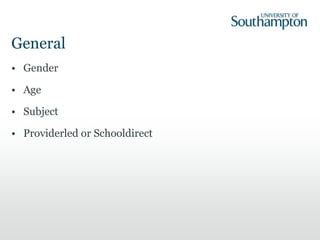 General
• Gender
• Age
• Subject
• Providerled or Schooldirect
 