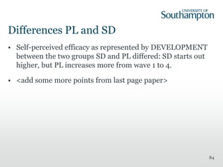 Differences PL and SD
• Self-perceived efficacy as represented by DEVELOPMENT
between the two groups SD and PL differed: SD starts out
higher, but PL increases more from wave 1 to 4.
• <add some more points from last page paper>
84
 