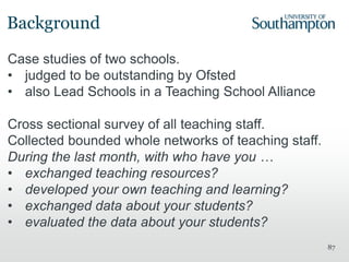 87
Background
Case studies of two schools.
• judged to be outstanding by Ofsted
• also Lead Schools in a Teaching School Alliance
Cross sectional survey of all teaching staff.
Collected bounded whole networks of teaching staff.
During the last month, with who have you …
• exchanged teaching resources?
• developed your own teaching and learning?
• exchanged data about your students?
• evaluated the data about your students?
 