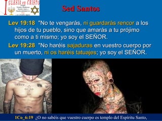 Sed SantosSed Santos
Lev 19:18Lev 19:18  "No te vengarás,   "No te vengarás, ni guardarás rencor ni guardarás rencor a los a los 
hijos de tu pueblo, sino que amarás a tu prójimo hijos de tu pueblo, sino que amarás a tu prójimo 
como a ti mismo; yo soy el SEÑOR. como a ti mismo; yo soy el SEÑOR. 
Lev 19:28Lev 19:28  "No haréis  "No haréis sajadurassajaduras en vuestro cuerpo por  en vuestro cuerpo por 
un muerto, un muerto, ni os haréis tatuajesni os haréis tatuajes; yo soy el SEÑOR. ; yo soy el SEÑOR. 
1Co_6:19  ¿O no sabéis que vuestro cuerpo es templo del Espíritu Santo,
 