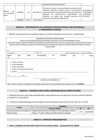perspectiva da reinserção social.

Médico
da
área de Defesa
Social

24 HORAS

I/A

24 HORAS

III / A

R$ 3.427,41

R$ 5.101,36

Participar de todos os atos pertinentes ao exercício da
medicina, aplicando métodos aceitos e reconhecidos
cientificamente e desempenhando tarefas que exijam a
aplicação de conhecimentos especializados de
medicina, no âmbito das unidades prisionais da
Secretaria de Estado de Defesa Social.

Lei Estadual nº
15.301/2004 e
Lei Estadual
20.591/12

ANEXO III - REQUERIMENTO DE CONDIÇÕES ESPECIAIS (PESSOA COM DEFICIÊNCIA)
E ATENDIMENTO ESPECIAL
I – Modelo de requerimento de condições especiais, conforme solicitado nos itens 6.8 e 7.2 deste Edital.
GOVERNO DO ESTADO DE MINAS GERAIS
EDITAL DE CONCURSO PÚBLICO SEPLAG/SEDS nº07/2013, DE 29 DE NOVEMBRO DE 2013.
CONCURSO PÚBLICO PARA PROVIMENTO DE CARGOS DE ASSISTENTE EXECUTIVO DE DEFESA SOCIAL, ANALISTA EXECUTIVO DE
DEFESA SOCIAL E MÉDICO DA ÁREA DE DEFESA SOCIAL DO QUADRO DE PESSOAL DA SECRETARIA DE ESTADO DE DEFESA
SOCIAL (SEDS)
Eu,__________________________________________________________________________________________________,
Inscrição nº ________________________, CPF. nº_____________________________, venho requerer para o concurso público
regido
pelo
Edital
SEPLAG/SEDS
Nº
07/2013
para
o
cargo
de:________________________________________________________.
(
(
(
(
(

) – Prova em Braile
) – Prova Ampliada
) – Prova com Ledor
) – Prova com Interprete de Libras
) - Outros:______________________________________________________________________________________

Em ______/_______ / 20____.
________________________________________
Assinatura do candidato (a)
Obs.: O laudo médico e a solicitação de condição especial (se for o caso) deverão ser postados até o dia 10/02/14.

ANEXO IV - ENDEREÇO ONDE SERÃO DISPONIBILIZADOS COMPUTADORES
I – Endereço dos locais onde serão disponibilizados computadores para inscrição e/ou recursos conforme disposto
no subitem 5.11 deste Edital.
II – O horário de disponibilização de computadores será de segunda a sexta-feira de 10 às 12h e de 14 às 16h.
LOCAIS

ENDEREÇO
RUA/AV./PRAÇA

Sede da Secretaria de Estado de Cidade Administrativa Presidente Tancredo Neves, Edifício
Defesa Social
Minas, 5º andar. Rodovia Prefeito Américo Gianetti.

Nº

CEP

s/nº

31630-900

ANEXO V - CONTEÚDO PROGRAMÁTICO
I – PARA A CARREIRA DE ASSISTENTE EXECUTIVO DE DEFESA SOCIAL - QUALQUER NÍVEL MÉDIO

Página 28 de 36

 