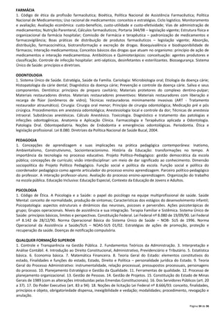FARMÁCIA
1. Código de ética da profissão farmacêutica; Bioética, Política Nacional de Assistência Farmacêutica; Política
Nacional de Medicamentos; Uso racional de medicamentos: conceitos e estratégias. Ciclo logístico. Monitoramento
e avaliação; Avaliação econômica: custo-benefício, custo-utilidade e custo-efetividade; Vias de administração de
medicamentos; Nutrição Parenteral, Cálculos farmacêuticos; Portaria 344/98 – legislação vigente; Estrutura física e
organizacional da farmácia hospitalar; Comissão de Farmácia e terapêutica – padronização de medicamentos e
farmacovigilância; Boas práticas de distribuição de produtos farmacêuticos – legislação vigente; Absorção,
distribuição, farmacocinética, biotransformação e excreção de drogas. Bioequivalência e biodisponibilidade de
fármacos; Interação medicamentosa; Conceitos básicos das drogas que atuam no organismo: princípio de ação de
medicamentos e interação medicamentosa. Antibióticos e Quimioterápicos: conceituação: agentes produtores e
classificação. Controle de infecção hospitalar: anti-sépticos, desinfetantes e esterilizantes. Biossegurança. Sistema
Único de Saúde: princípios e diretrizes.
ODONTOLOGIA
1. Sistema Único de Saúde. Estratégia, Saúde da Família. Cariologia: Microbiologia oral; Etiologia da doença cárie;
Histopatologia da cárie dental; Diagnóstico da doença cárie; Prevenção e controle da doença cárie. Saliva e seus
componentes. Dentística: princípios de preparo cavitário; Materiais protetores do complexo dentino-pulpar;
Materiais restauradores diretos. Materiais restauradores preventivos: Materiais restauradores com liberação e
recarga de flúor (ionômeros de vidro); Técnicas restauradoras minimamente invasivas (ART - Tratamento
restaurador atraumático). Cirurgia: Cirurgia oral menor; Princípio de cirurgia odontológica; Medicação pré e pós
cirúrgica. Procedimentos em anestesia odontológica; Anestesiologia local e controle da dor; Técnicas de anestesia
intraoral. Substâncias anestésicas. Cálculo Anestésico. Toxicologia. Diagnóstico e tratamento das patologias e
infecções odontogênicas. Anatomia e Aplicação Clínica. Farmacologia e Terapêutica aplicada a Odontologia.
Patologia Oral. Odontopediatria. Noções de Endodontia e emergências odontológicas. Periodontia. Ética e
legislação profissional. Lei 8.080. Diretrizes da Política Nacional de Saúde Bucal, 2004.
PEDAGOGIA
1. Concepções de aprendizagem e suas implicações na prática pedagógica contemporânea: Inatismo,
Ambientalismo, Construtivismo, Sociointeracionismo. História da Educação: transformações no tempo. A
importância da tecnologia no processo educativo. Projeto Político-Pedagógico: gestão democrática da escola
pública; concepções de currículo; visão interdisciplinar: um meio de dar significado ao conhecimento. Dimensão
sociopolítica do Projeto Político Pedagógico. Função social e política da escola. Função social e política do
coordenador pedagógico como agente articulador do processo ensino aprendizagem. Parceiro político-pedagógico
do professor. A interação professor-aluno. Avaliação do processo ensino-aprendizagem. Organização do trabalho
na escola pública. Educação Inclusiva: Educação Especial, Contexto da Educação de Jovens e Adultos.
PSICOLOGIA
1. Código de Ética. A Psicologia e a Saúde: o papel do psicólogo na equipe multiprofissional de saúde. Saúde
Mental: conceito de normalidade, produção de sintomas; Características dos estágios do desenvolvimento infantil;
Psicopatologia: aspectos estruturais e dinâmicos das neuroses, psicoses e perversões. Ações psicoterápicas de
grupo; Grupos operacionais. Níveis de assistência e sua integração. Terapia Familiar e Sistêmica. Sistema Único de
Saúde: princípios básicos, limites e perspectivas. Constituição Federal. Lei Federal nº 8.080 de 19/09/90. Lei Federal
nº 8.142 de 28/12/90. Norma Operacional Básica do Sistema Único de Saúde – NOB- SUS de 1996. Norma
Operacional da Assistência a Saúde/SUS – NOAS-SUS 01/02. Estratégias de ações de promoção, proteção e
recuperação da saúde. Doenças de notificação compulsória.
QUALQUER FORMAÇÃO SUPERIOR
1. Controle e Transparência na Gestão Pública. 2. Fundamentos Teóricos da Administração. 3. Interpretação e
Análise Contábil. 4. Introdução ao Direito Constitucional, Administrativo, Previdenciário e Tributário. 5. Estatística
básica. 6. Economia básica. 7. Matemática Financeira. 8. Teoria Geral do Estado: elementos constitutivos do
estado, Finalidades e funções do estado, Estado, Direito e Política – personalidade jurídica do Estado. 9. Teoria
Geral do Processo Administrativo: instrumentalidade, relação processual, pressupostos processuais, personagens
do processo. 10. Planejamento Estratégico e Gestão da Qualidade. 11. Ferramentas de qualidade. 12. Processo de
planejamento organizacional. 13. Gestão de Pessoas. 14. Gestão de Projetos. 15. Constituição do Estado de Minas
Gerais de 1989 (com as alterações introduzidas pelas Emendas Constitucionais). 16. Dos Servidores Públicos (art. 20
a 37). 17. Do Poder Executivo (art. 83 a 94). 18. Noções de licitação Lei Federal nº 8.666/93: conceito, finalidades,
princípios e objeto, obrigatoriedade dispensa, inexigibilidade e vedação; modalidades; procedimento, revogação e
anulação.
Página 34 de 36

 